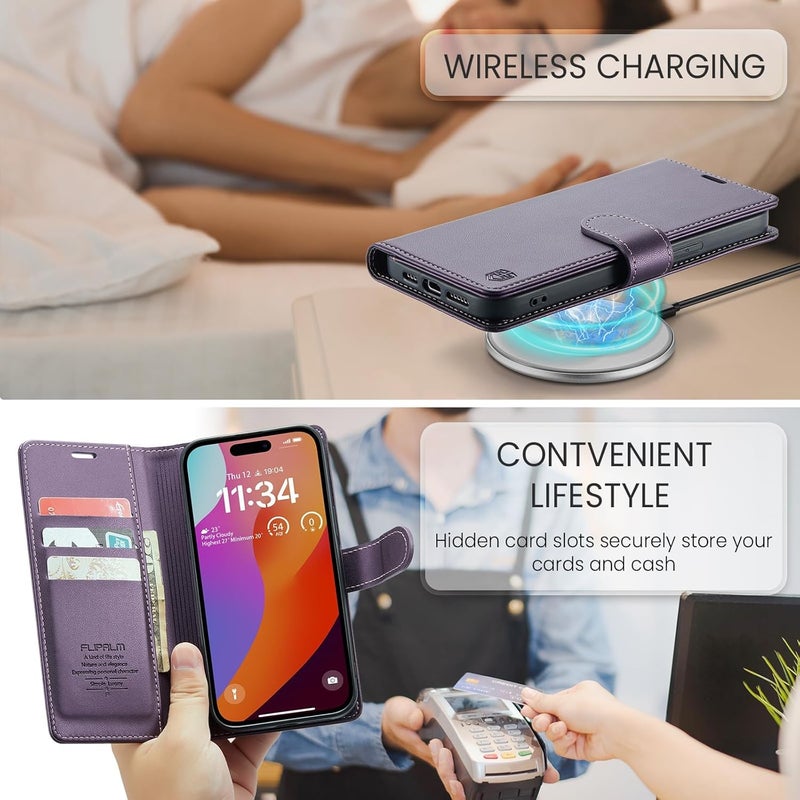 FLIPALM Wallet Case for iPhone 16 Pro, RFID Blocking Credit Card Holder, PU Leather Folio Flip Kickstand Protective Shockproof Cover for Apple 16 pro (Purple, for iPhone 16 Pro - 6.3'') - Image 5